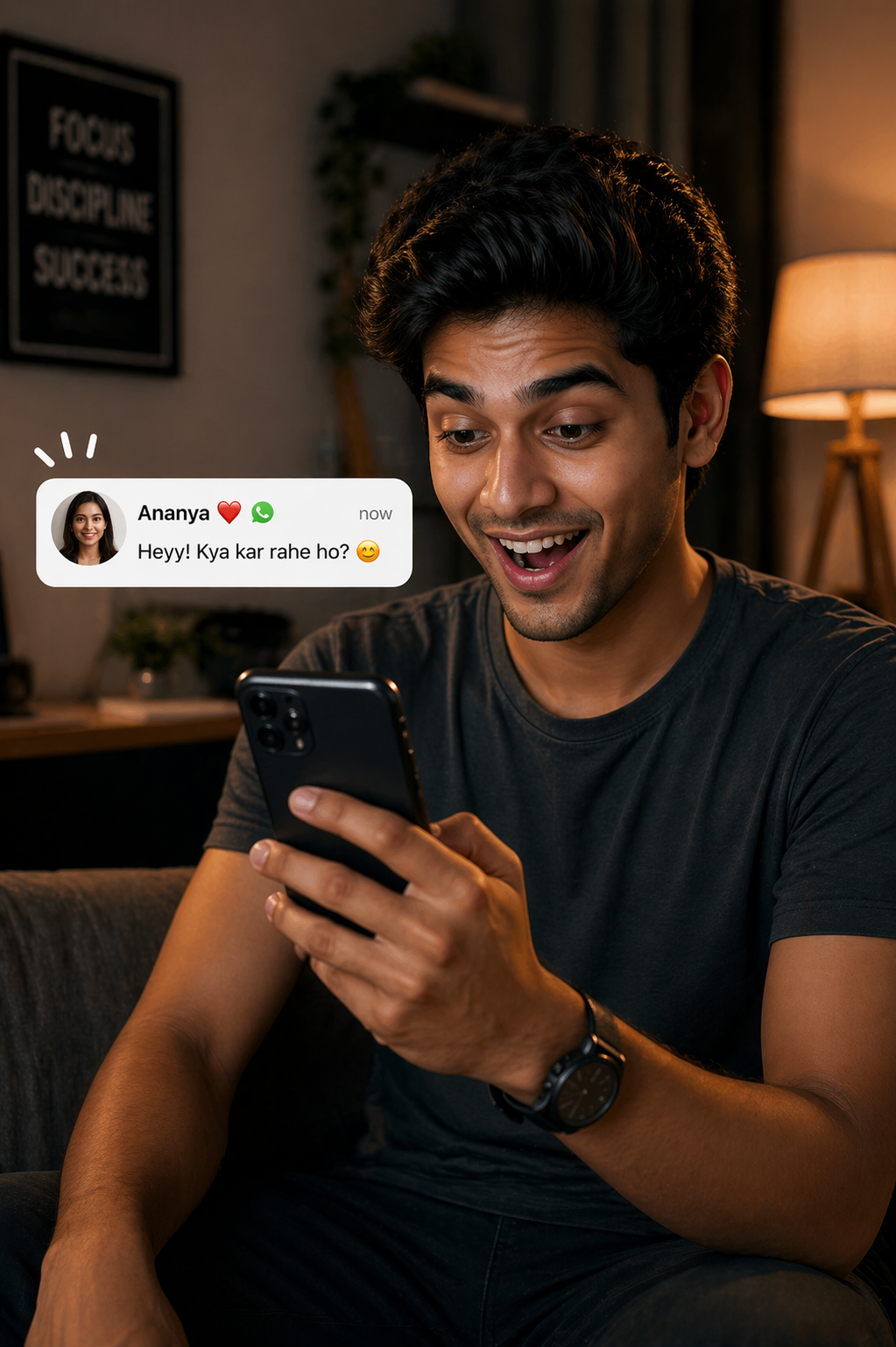 Man smiling at a new message on his phone